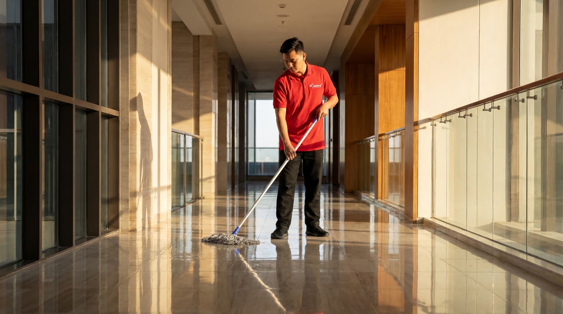 Cleansy professional cleaning floors in an open hallway