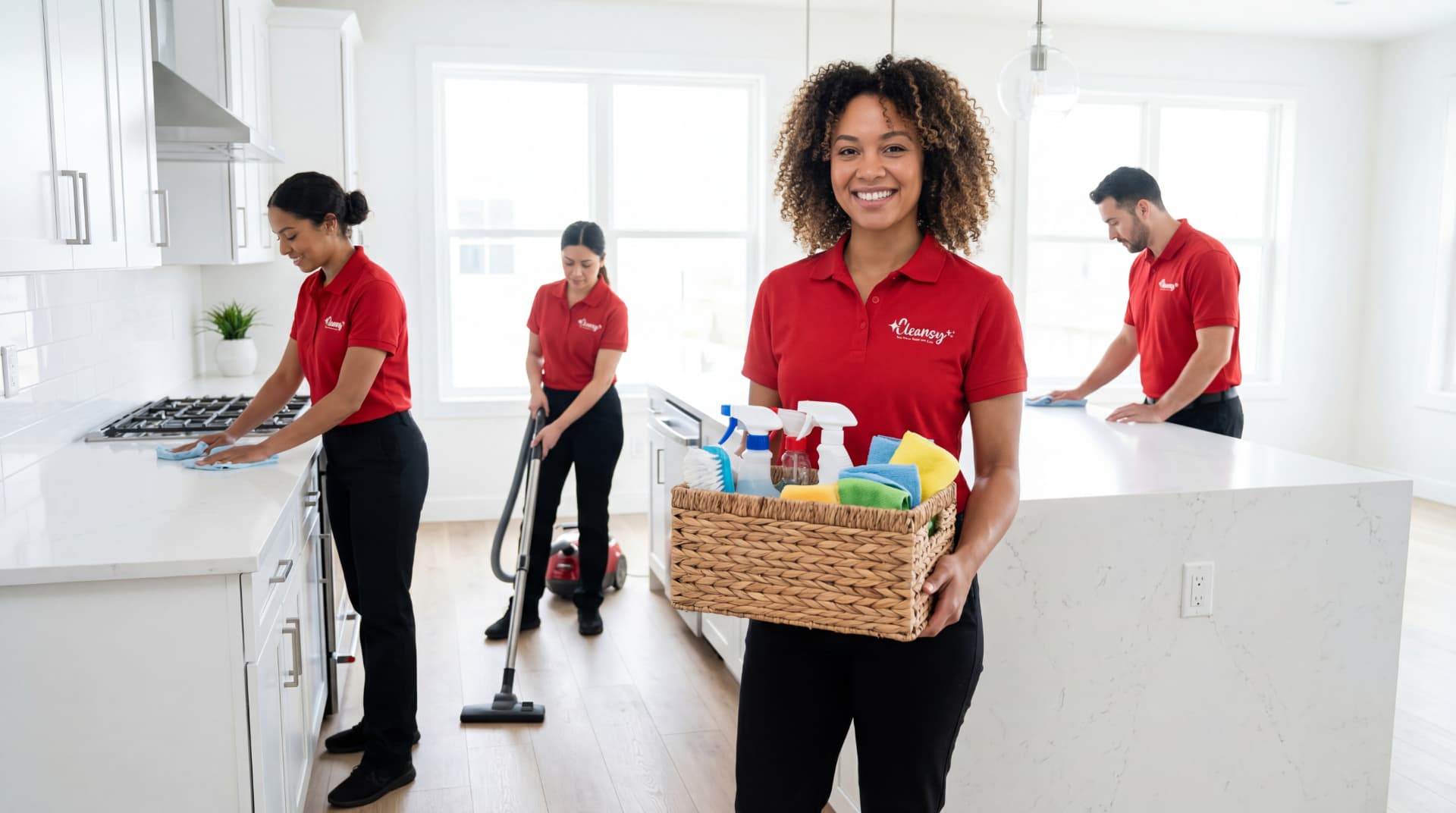 Cleansy team with supplies in a bright kitchen