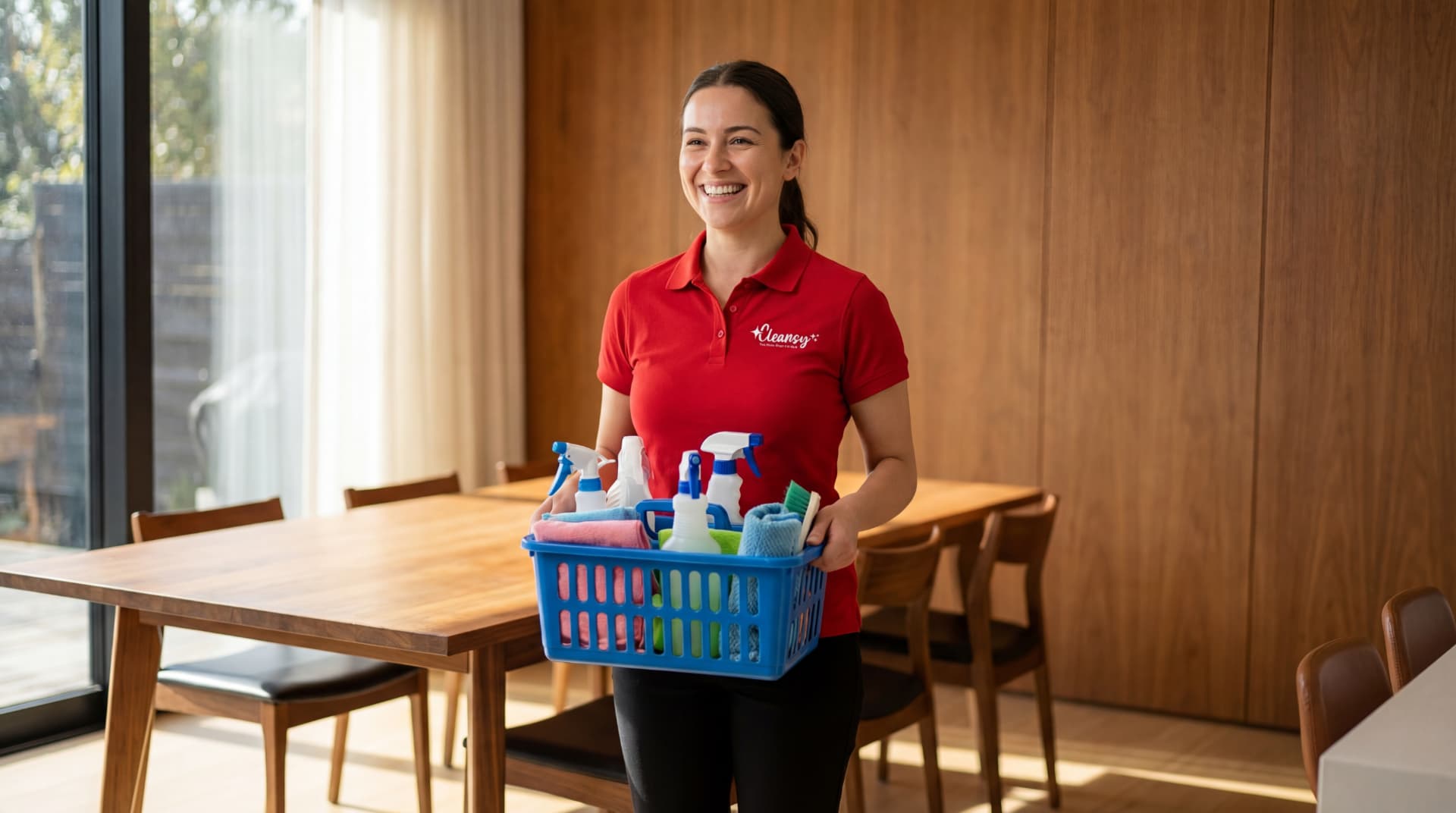 Cleansy professional with a cleaning caddy in a dining room